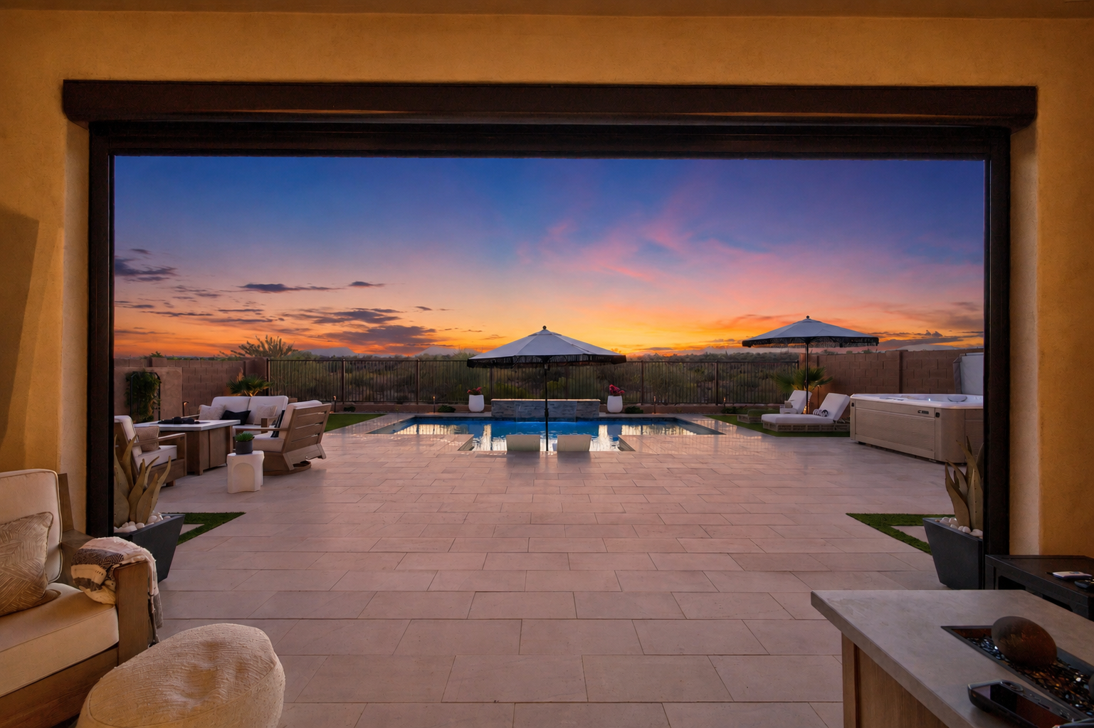 Blue-hour view from a covered patio through open sliding doors toward a pool and desert sunset