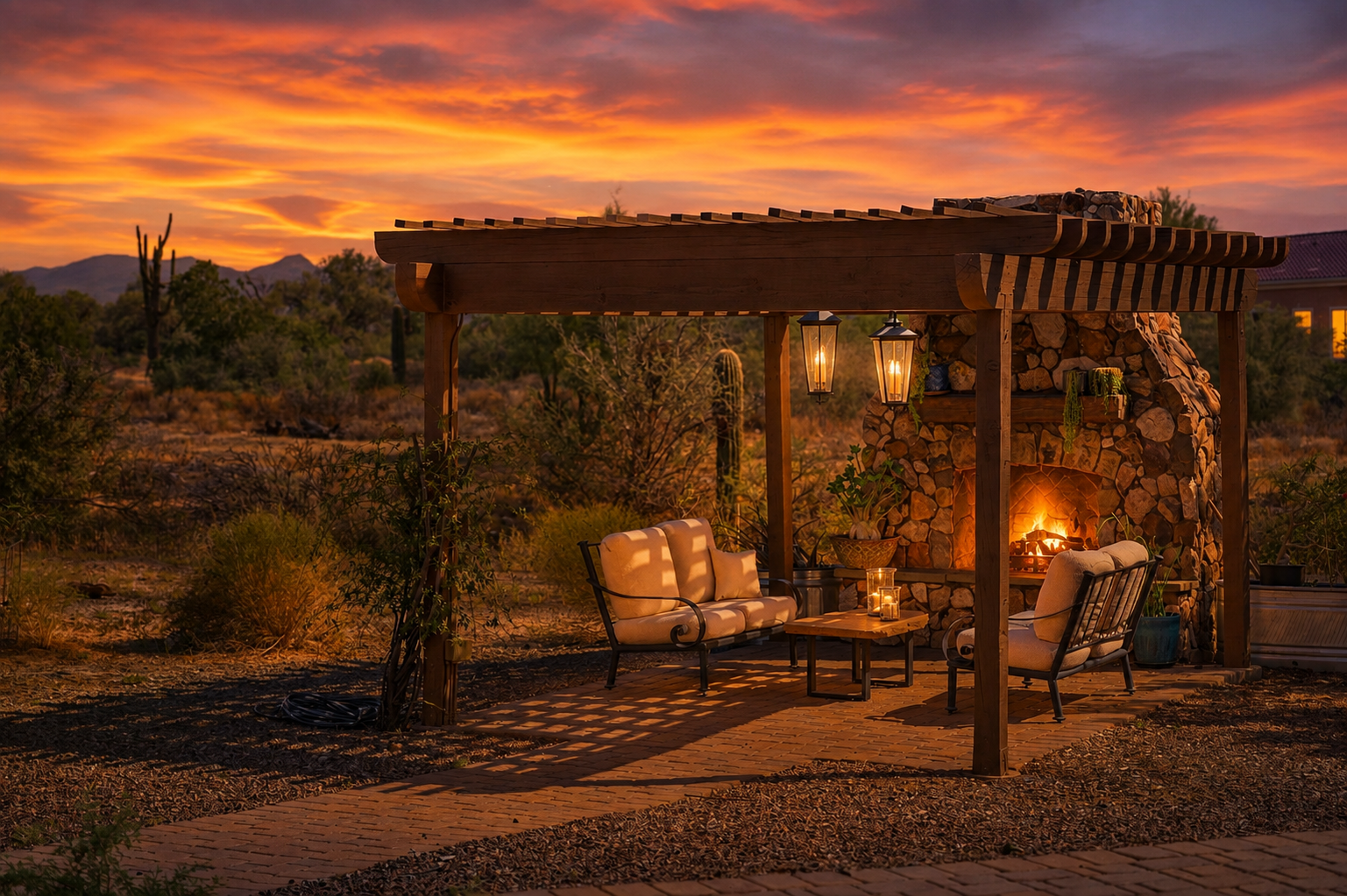 Backyard pergola with a lit stone fireplace against a vivid desert sunset