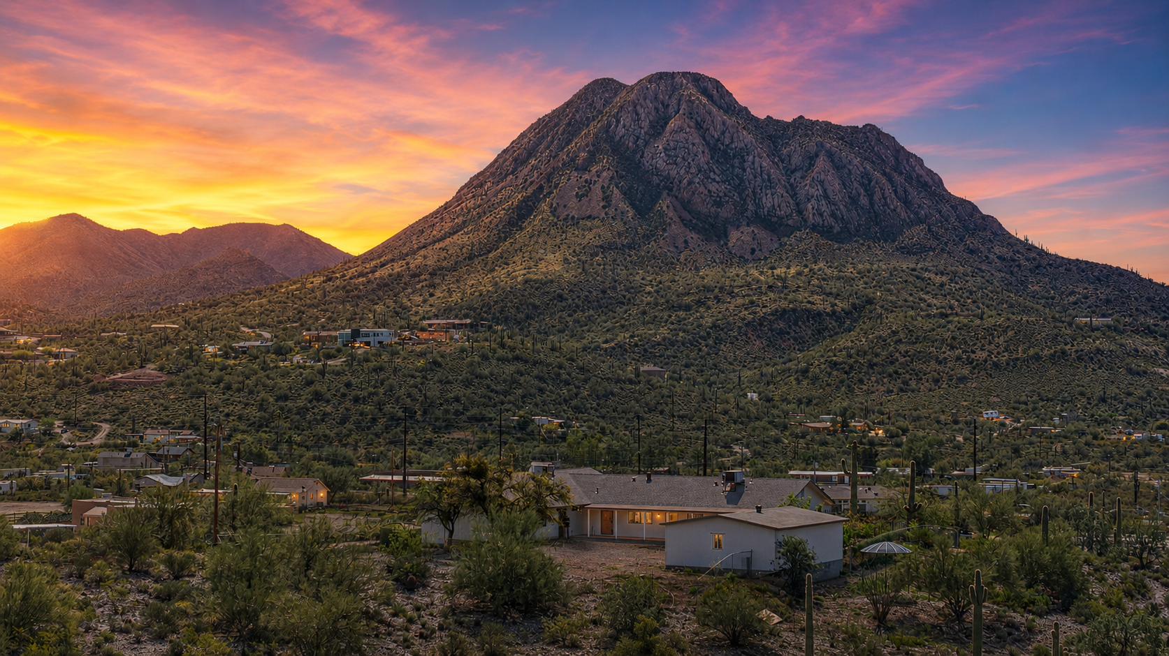 Rugged desert mountain peak at sunset above New River, Arizona, with saguaro-dotted foothills, larger-lot desert homes and a warm pink-and-orange sky