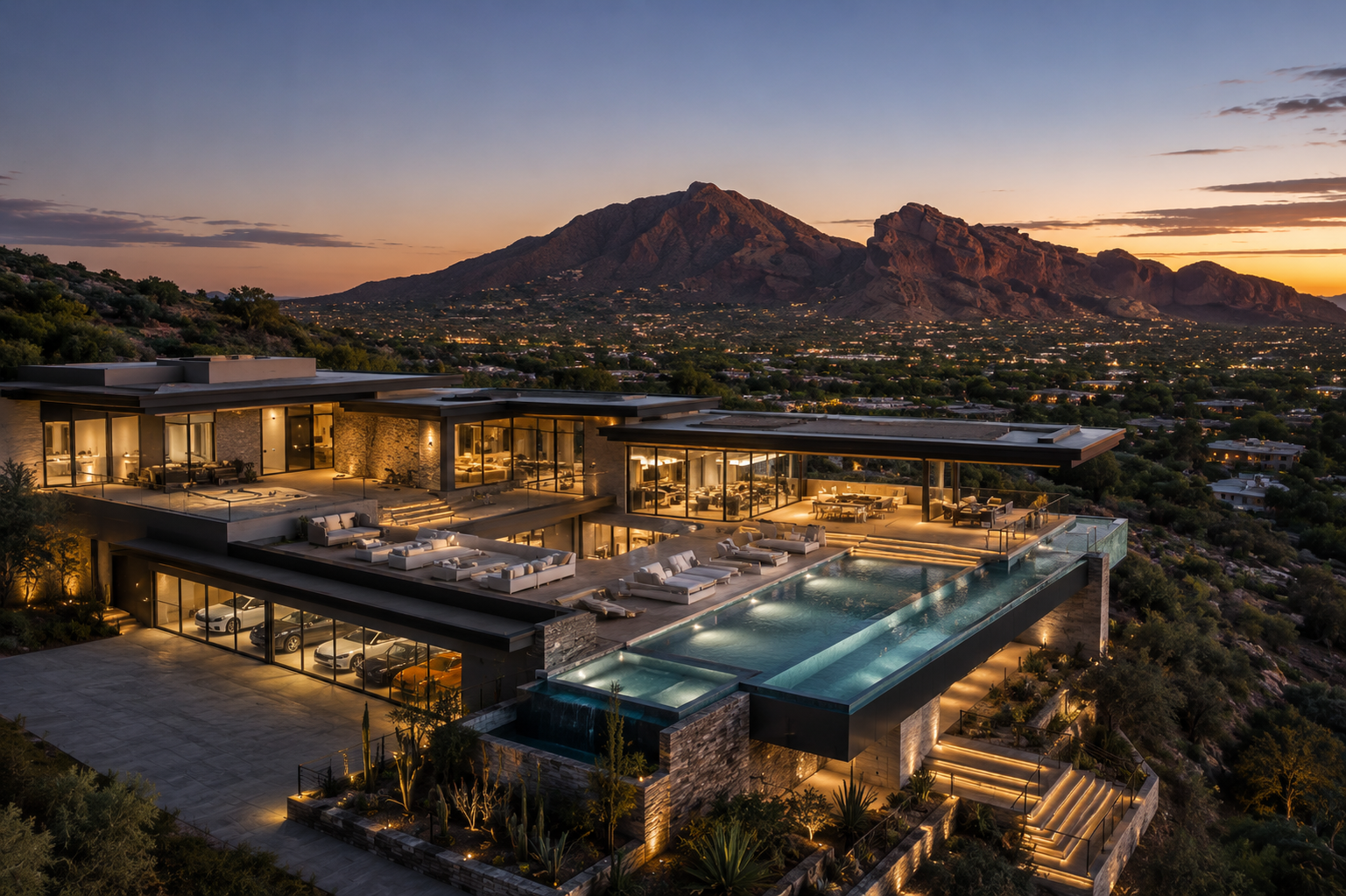 Aerial twilight view of a modern luxury Paradise Valley estate with infinity pool and Camelback Mountain in the background